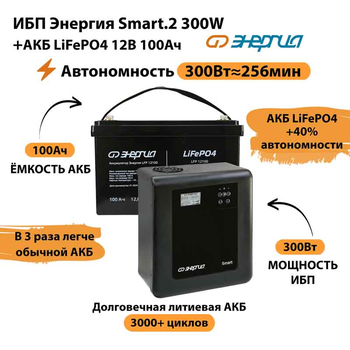 ИБП для котла Энергия Smart 2 300Вт + LiFePO4 Аккумулятор 12v 100Ah (300Вт - 256мин) - ИБП и АКБ - ИБП Энергия - ИБП для котлов отопления - . Магазин оборудования для автономного и резервного электропитания Ekosolar.ru в Химках