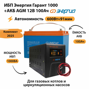 ИБП для котла Энергия Гарант 1000 + Аккумулятор 100 Ач 12 В (600Вт - 91мин) - ИБП и АКБ - ИБП для котлов - . Магазин оборудования для автономного и резервного электропитания Ekosolar.ru в Химках