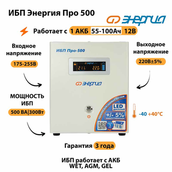 Энергия ИБП Про 500 12В - ИБП и АКБ - ИБП для котлов - . Магазин оборудования для автономного и резервного электропитания Ekosolar.ru в Химках