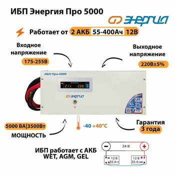 Энергия ИБП Про 5000 24В - ИБП и АКБ - ИБП для котлов - . Магазин оборудования для автономного и резервного электропитания Ekosolar.ru в Химках