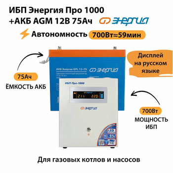 ИБП для котла Энергия Про 1000 + Аккумулятор 75 Ач 12 В (700Вт - 59мин) - ИБП и АКБ - ИБП для котлов - . Магазин оборудования для автономного и резервного электропитания Ekosolar.ru в Химках