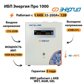 Энергия ИБП Про 1000 12В - ИБП и АКБ - ИБП для котлов - . Магазин оборудования для автономного и резервного электропитания Ekosolar.ru в Химках