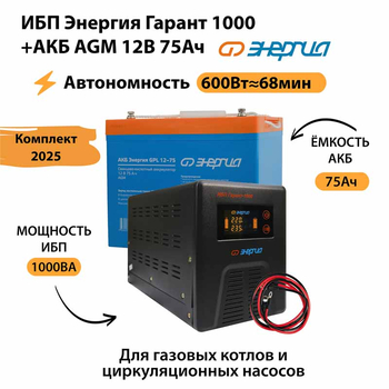 ИБП для котла Энергия Гарант 1000 + Аккумулятор 75 Ач 12 В (600Вт - 68мин) - ИБП и АКБ - ИБП для котлов - . Магазин оборудования для автономного и резервного электропитания Ekosolar.ru в Химках