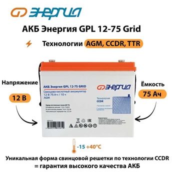 АКБ Энергия GPL 12-75 Grid - ИБП и АКБ - Аккумуляторы - . Магазин оборудования для автономного и резервного электропитания Ekosolar.ru в Химках