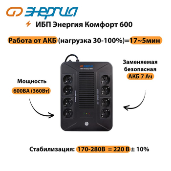 ИБП Комфорт 600 Энергия - ИБП и АКБ - ИБП для компьютера - . Магазин оборудования для автономного и резервного электропитания Ekosolar.ru в Химках