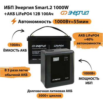 ИБП Энергия Smart.2 1000W + Аккумулятор LiFePO4 12v-100Ah (1000Вт-55мин) - ИБП и АКБ - ИБП Энергия - ИБП на 1 кВА - . Магазин оборудования для автономного и резервного электропитания Ekosolar.ru в Химках