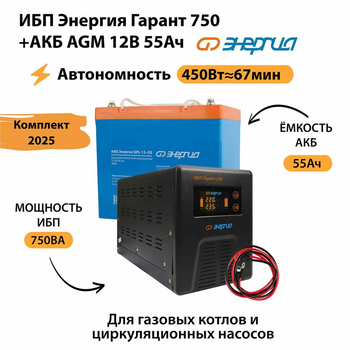 ИБП для котла Энергия Гарант 750 + Аккумулятор 55 Ач 12 В (450Вт - 67мин) - ИБП и АКБ - ИБП для котлов - . Магазин оборудования для автономного и резервного электропитания Ekosolar.ru в Химках