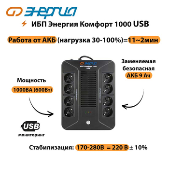 ИБП Комфорт 1000 USB Энергия - ИБП и АКБ - ИБП для компьютера - . Магазин оборудования для автономного и резервного электропитания Ekosolar.ru в Химках