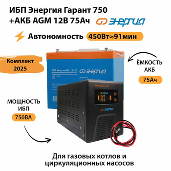 ИБП для котла Энергия Гарант 750 + Аккумулятор 75 Ач 12 В (450Вт - 91мин) - ИБП и АКБ - ИБП для котлов - . Магазин оборудования для автономного и резервного электропитания Ekosolar.ru в Химках