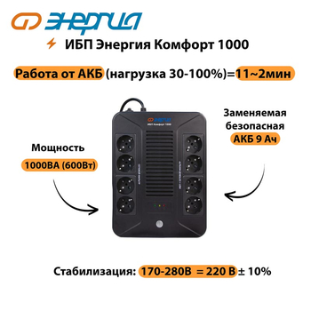 ИБП Комфорт 1000 Энергия - ИБП и АКБ - ИБП для компьютера - . Магазин оборудования для автономного и резервного электропитания Ekosolar.ru в Химках