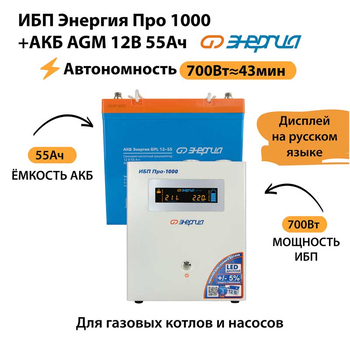 ИБП для котла Энергия Про 1000 + Аккумулятор 55 Ач 12 В (700Вт - 43мин) - ИБП и АКБ - ИБП для котлов - . Магазин оборудования для автономного и резервного электропитания Ekosolar.ru в Химках