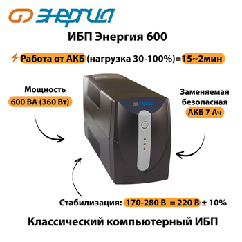 Энергия ИБП 600 - ИБП и АКБ - ИБП для компьютера - . Магазин оборудования для автономного и резервного электропитания Ekosolar.ru в Химках