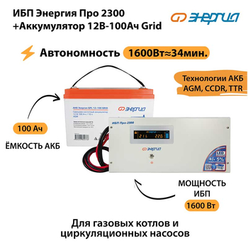 ИБП для котла Энергия Про 2300 + Аккумулятор Grid 100 Ah 12 v (1600Вт - 34мин) - ИБП и АКБ - ИБП для котлов - . Магазин оборудования для автономного и резервного электропитания Ekosolar.ru в Химках